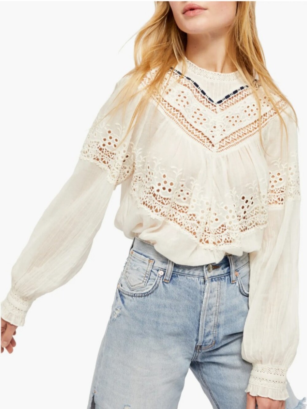 Free People Ivory Victorian Eyelet Peasant Top with Lace Yoke, Size Small